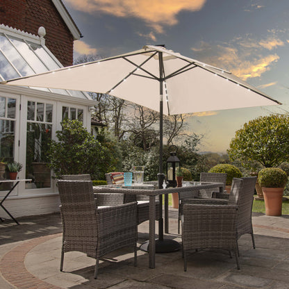Marston 6 Seater Rattan Outdoor Dining Set with Cream LED Premium Parasol - Rattan Garden Furniture - Grey - Glass Top
