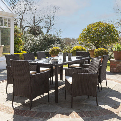 Marston 8 Seater Rattan Garden Dining Set with Grey Parasol - Brown