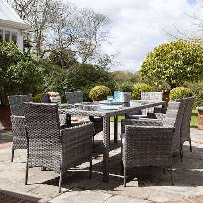 Marston 8 Seater Rattan Outdoor Dining Set with Cream Parasol - Rattan Garden Furniture - Grey - Glass Top