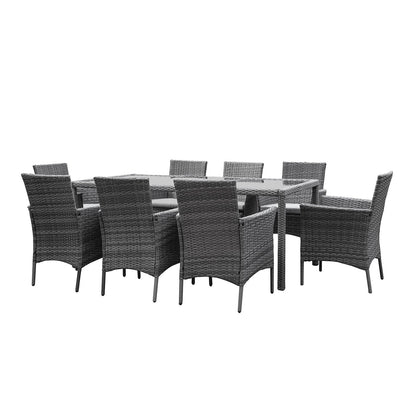 Marston 8 Seater Rattan Outdoor Dining Set with Grey Parasol - Rattan Garden Furniture - Grey - Glass Top