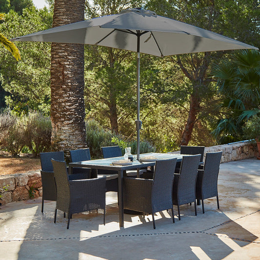 Marston 8 Seater Rattan Dining Set with Grey LED Premium Parasol - Rattan Garden Furniture - Black