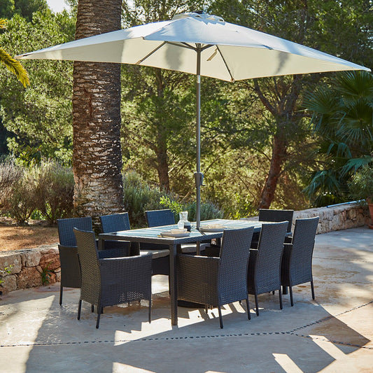 Marston 8 Seater Rattan Dining Set with Cream LED Premium Parasol - Rattan Garden Furniture - Black