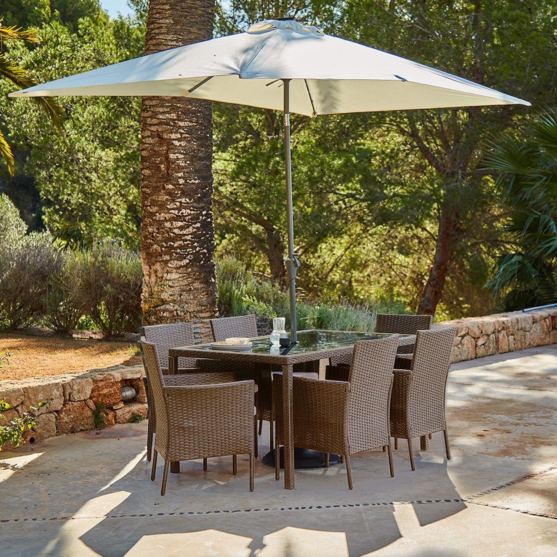 Marston 6 Seater Rattan Dining Set with Cream Premium Parasol - Natural Brown