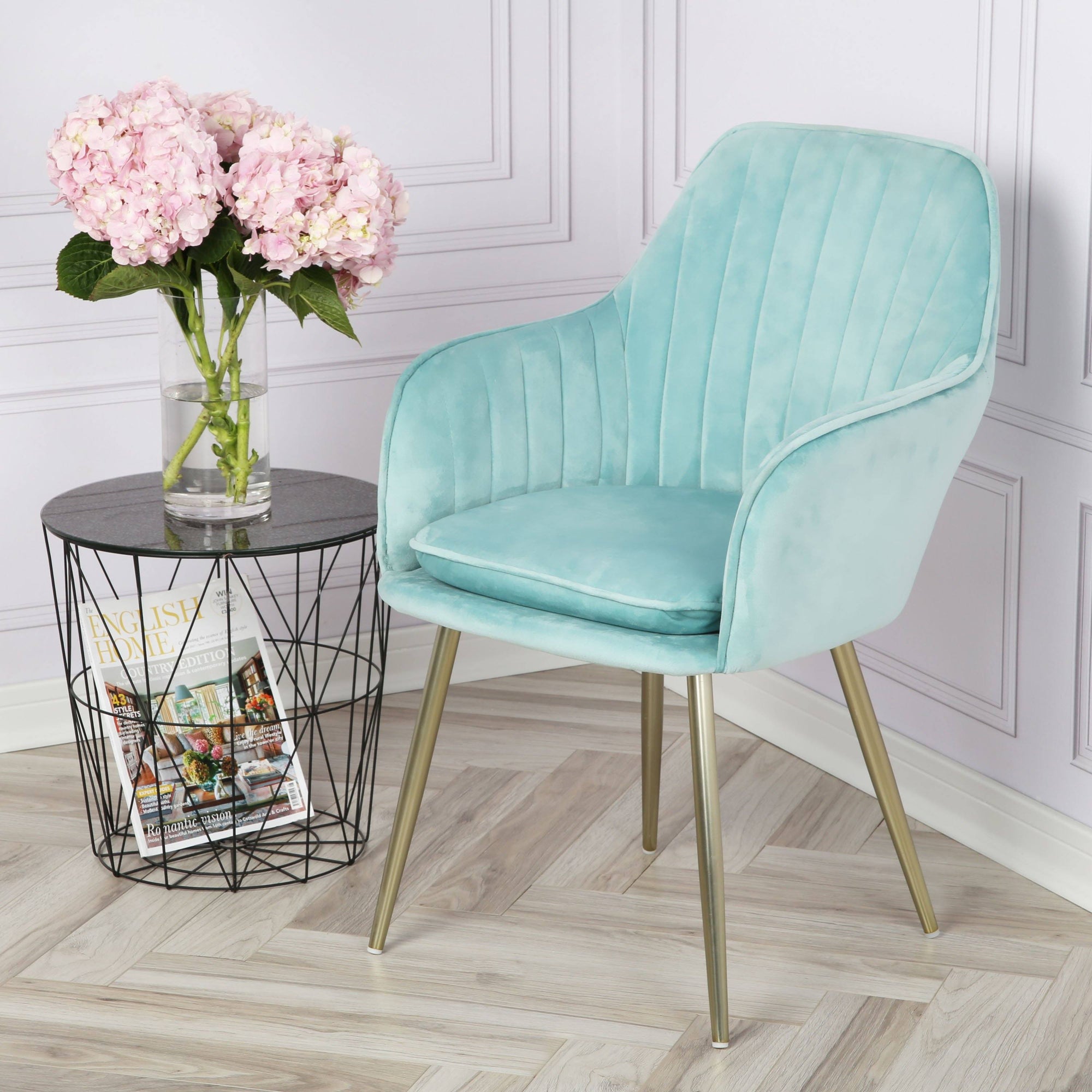 Muse accent chair – light blue with gold legs - Laura James