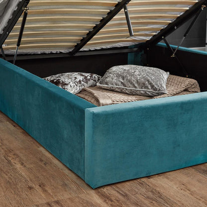 Teal velvet double ottoman bed and mattress set - Laura James