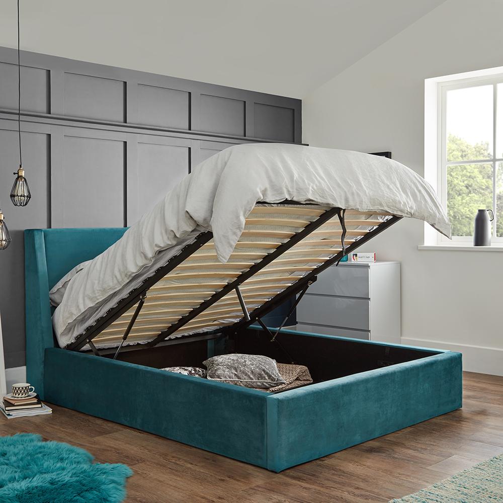 Teal velvet double ottoman bed and mattress set - Laura James