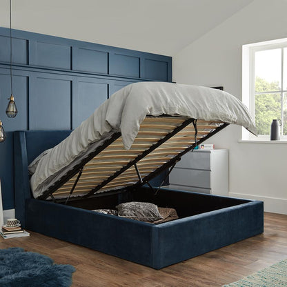 Blue velvet double ottoman bed and mattress set - Laura James