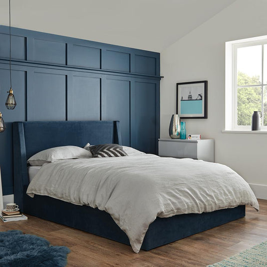 Blue velvet king size ottoman bed and mattress set - Laura James