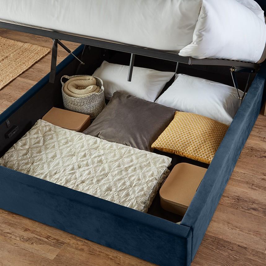 Blue velvet king size ottoman bed and mattress set - Laura James