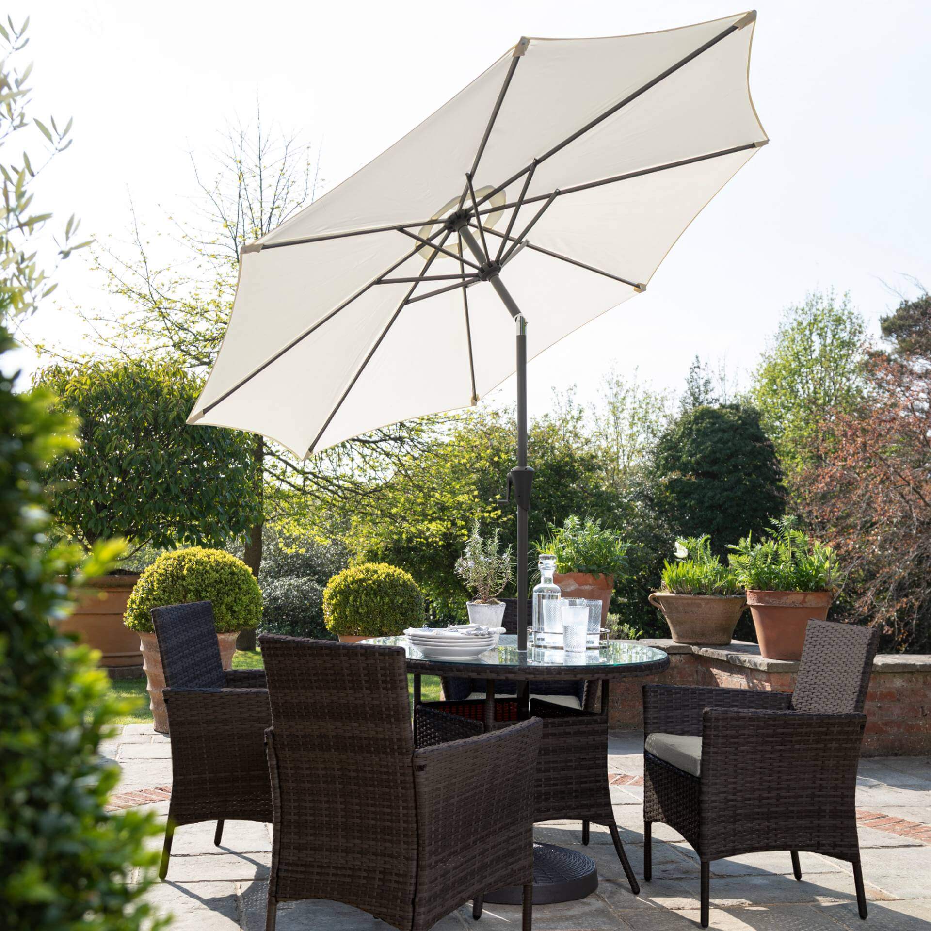 Kemble 4 Seater Rattan Round Dining Set with LED Premium Parasol with Parasol Rain Cover - Brown