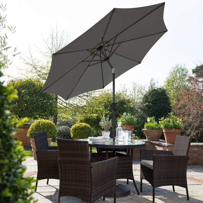 Kemble 4 Seater Rattan Round Dining Set with LED Premium Parasol with Parasol Rain Cover - Brown