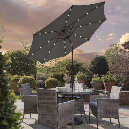 Kemble 4 Seater Rattan Round Dining Set with LED Premium Parasol and Parasol Rain Cover - Grey