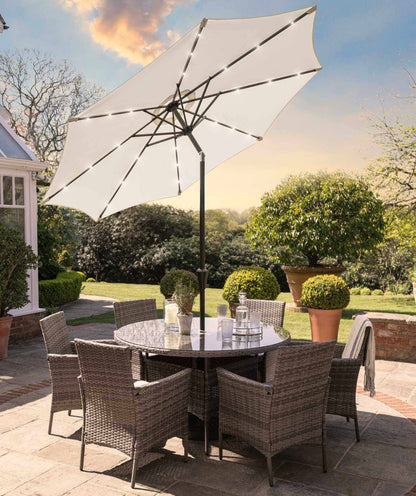 6 Seater Rattan Round Dining Set with Parasol - Rattan Garden Furniture - Grey - Laura James