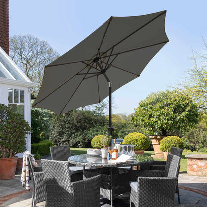 Kemble 6 Seater Rattan Round Dining Set with LED Premium Parasol and Parasol Rain Cover - Grey
