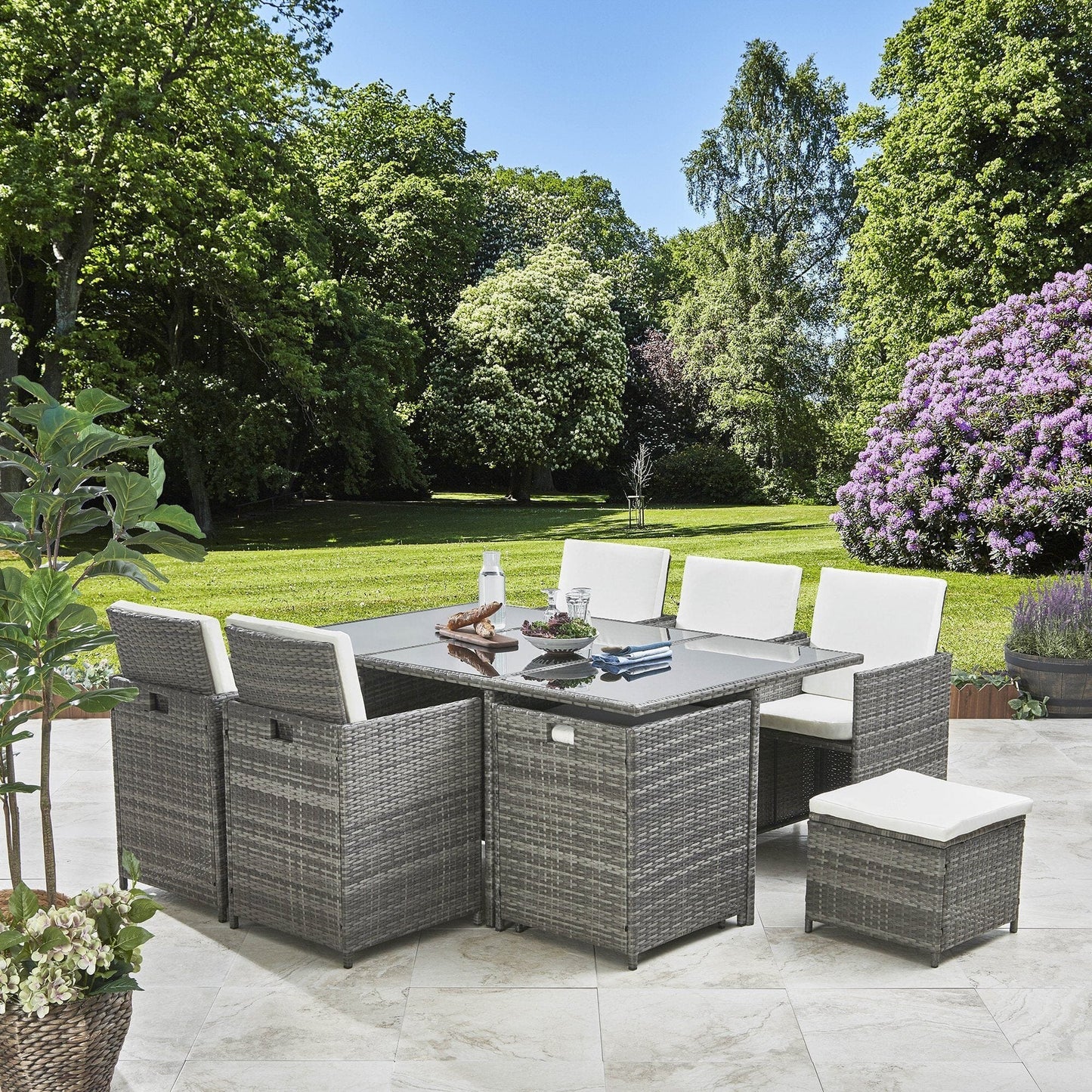 10 Seater Rattan Cube Garden Set with Grey Parasol - Outdoor Dining Furniture - (Grey Weave)
