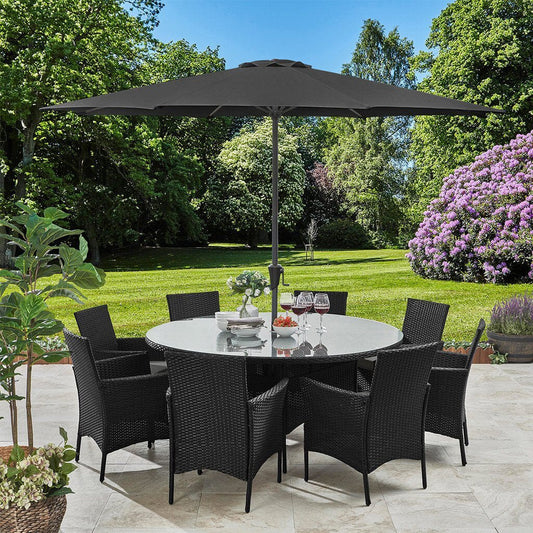 8 Seater Rattan Round Dining Set with Parasol - Black - Rattan Garden Furniture - Laura James