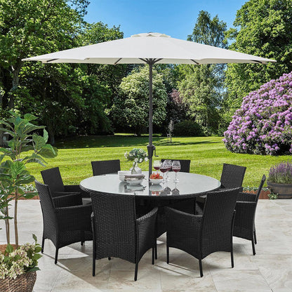 8 Seater Rattan Round Dining Set with Parasol - Rattan Garden Furniture - Black - Laura James
