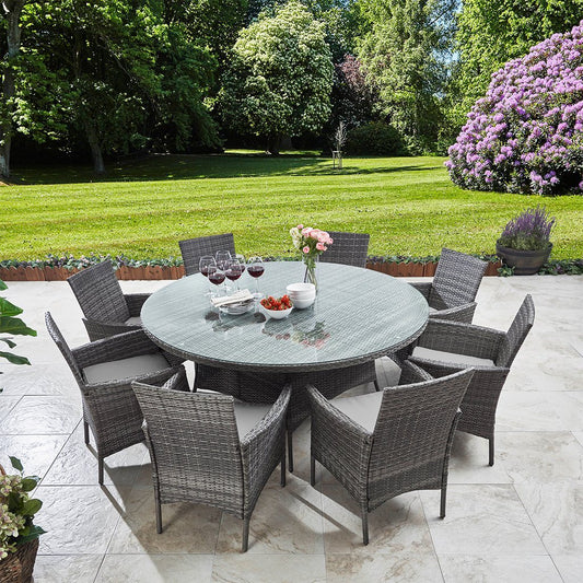 8 Seater Rattan Dining Table Set in Grey - Garden Furniture Outdoor - Laura James