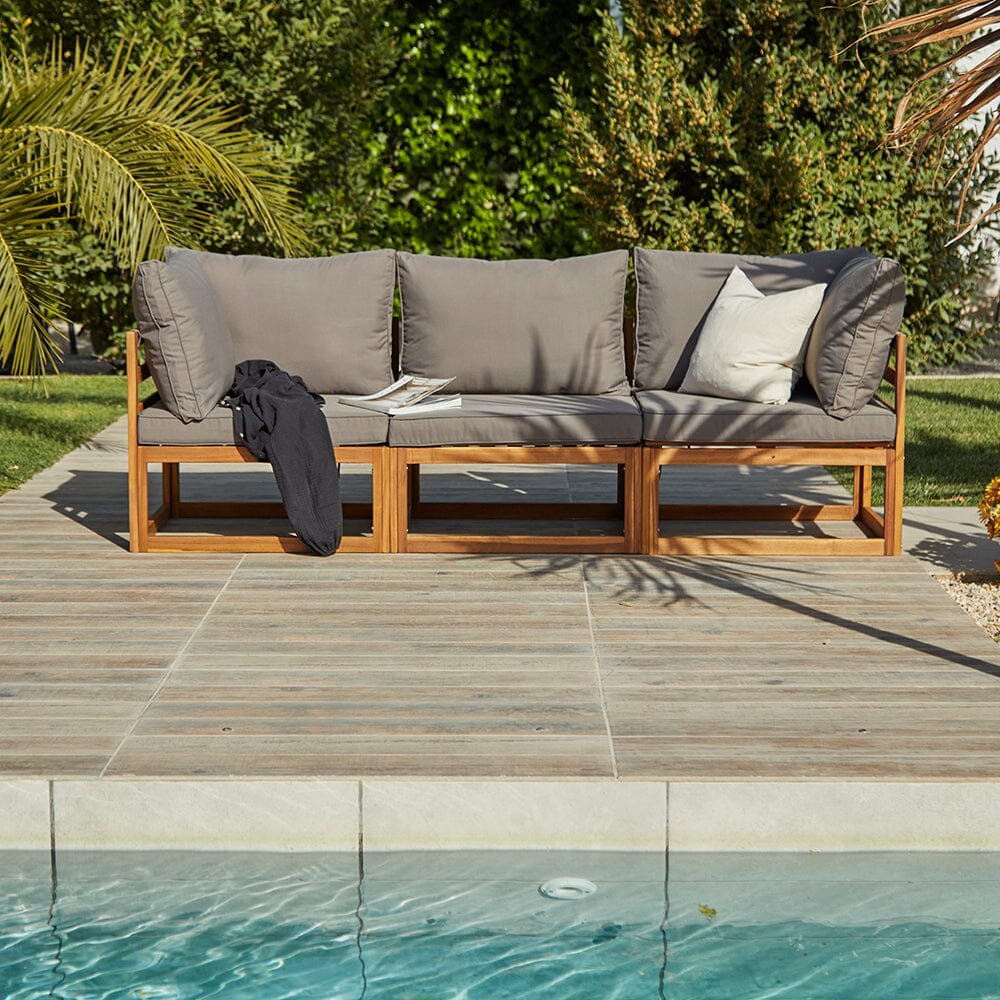 Rowan 3 Seater Wooden Garden Sofa Set With Footstool and Grey Premium Parasol - Laura James