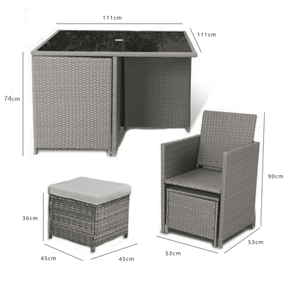 8 Seat Rattan Cube Outdoor Dining Set with LED Premium Parasol - Grey Weave with Cream Cushion
