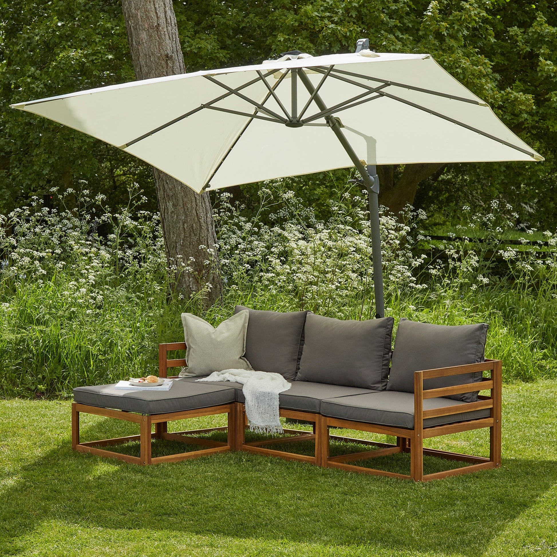 Rowan 3 Seater Outdoor Wooden Sofa Set With Cream Premium LED Parasol - Laura James