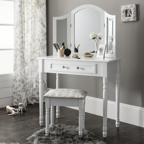Sienna Dressing Table, Stool & Mirror Set - White Painted