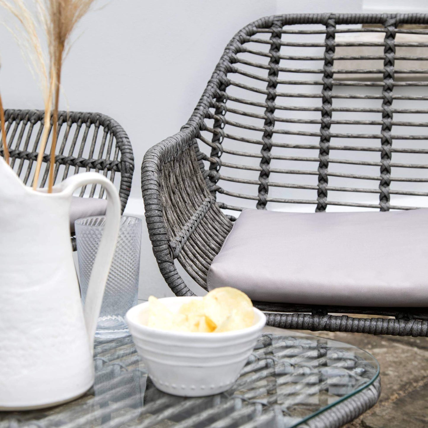 Wick rattan sofa set with cream LED premium parasol - dark grey - Laura James