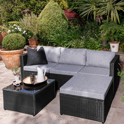 Weston 4 Seater Rattan Corner Sofa Set with Lean Over Parasol and Base - Black Weave