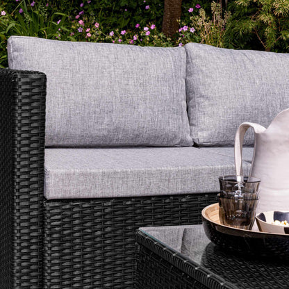 4 Seater Rattan Corner Sofa Set with Cantilever Parasol and Base - Black Weave - Laura James