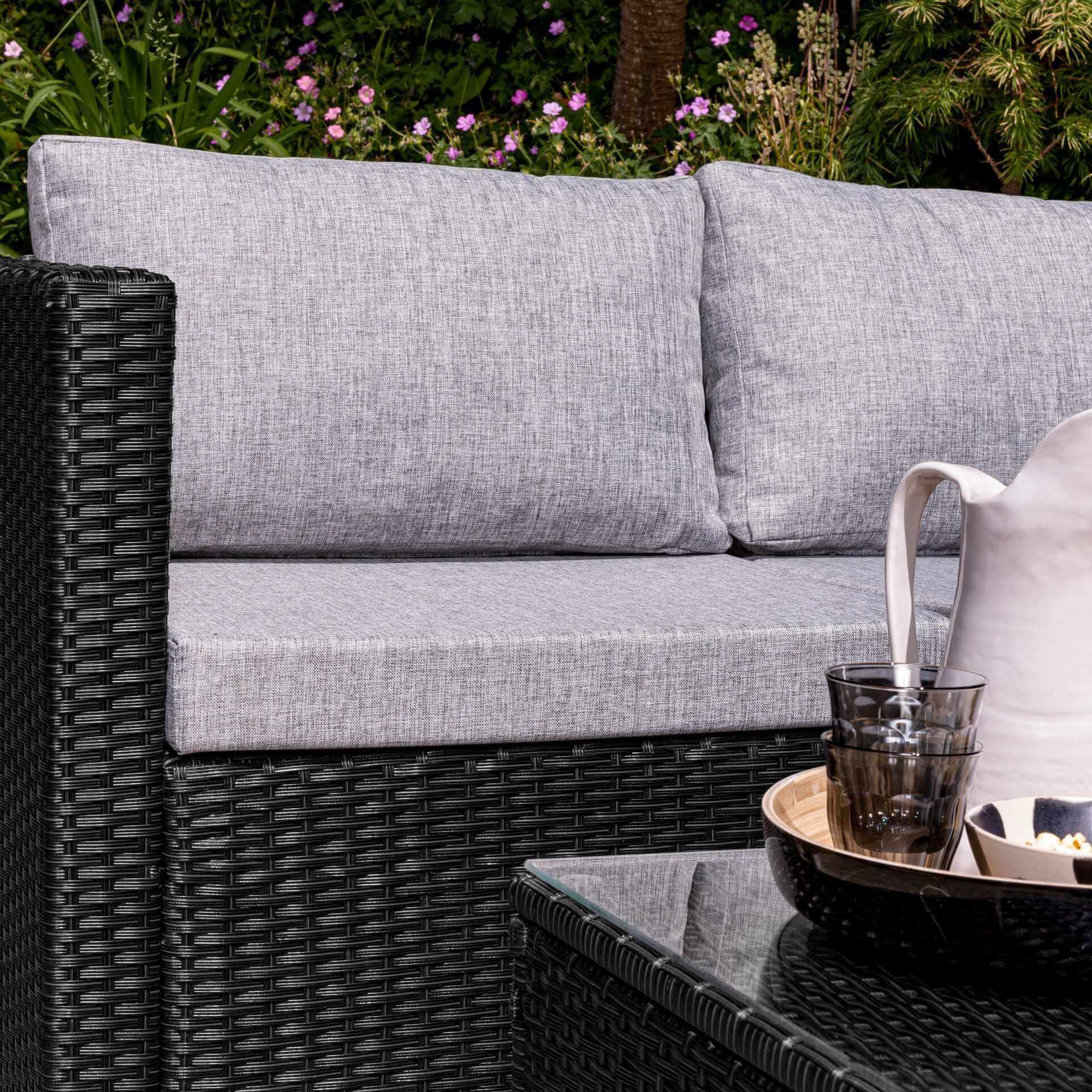 4 Seater Rattan Corner Sofa Set with Lean Over Parasol and Base - Black Weave - Laura James