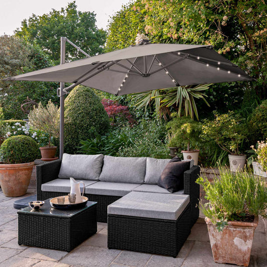 Weston 4 Seater Rattan Corner Sofa Set with LED Cantilever Parasol and Base - Black Weave