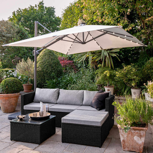 4 Seater Rattan Corner Sofa Set with Cantilever Parasol and Base - Black Weave - Laura James
