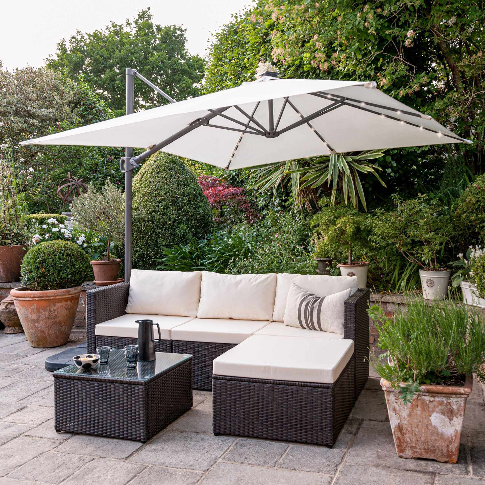 Weston 4 Seater Rattan Corner Sofa Set with LED Cantilever Parasol and Base - Brown Weave