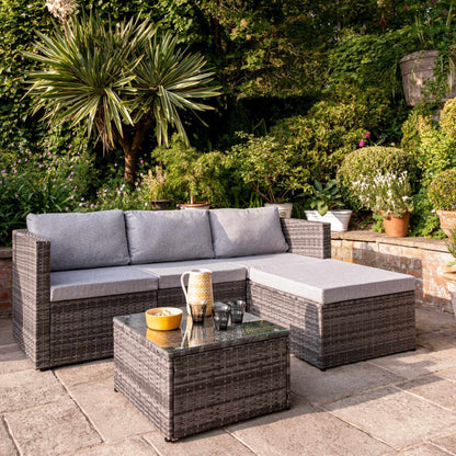 4 Seater Rattan Corner Sofa Set with Lean Over Parasol and Base - Grey Weave - Laura James