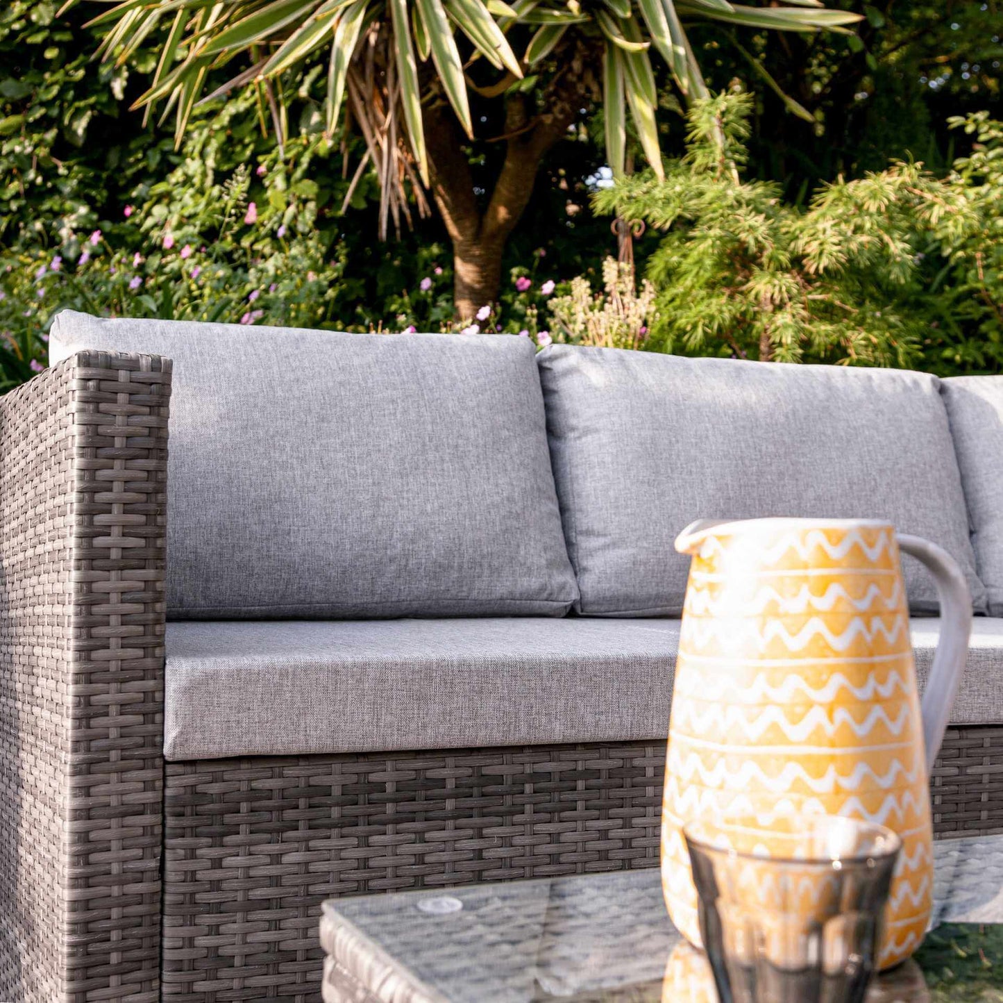4 Seater Rattan Corner Sofa Set with Lean Over Parasol and Base - Grey Weave - Laura James