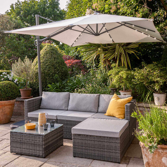 4 Seater Rattan Corner Sofa Set with Cantilever Parasol and Base - Grey Weave - Laura James