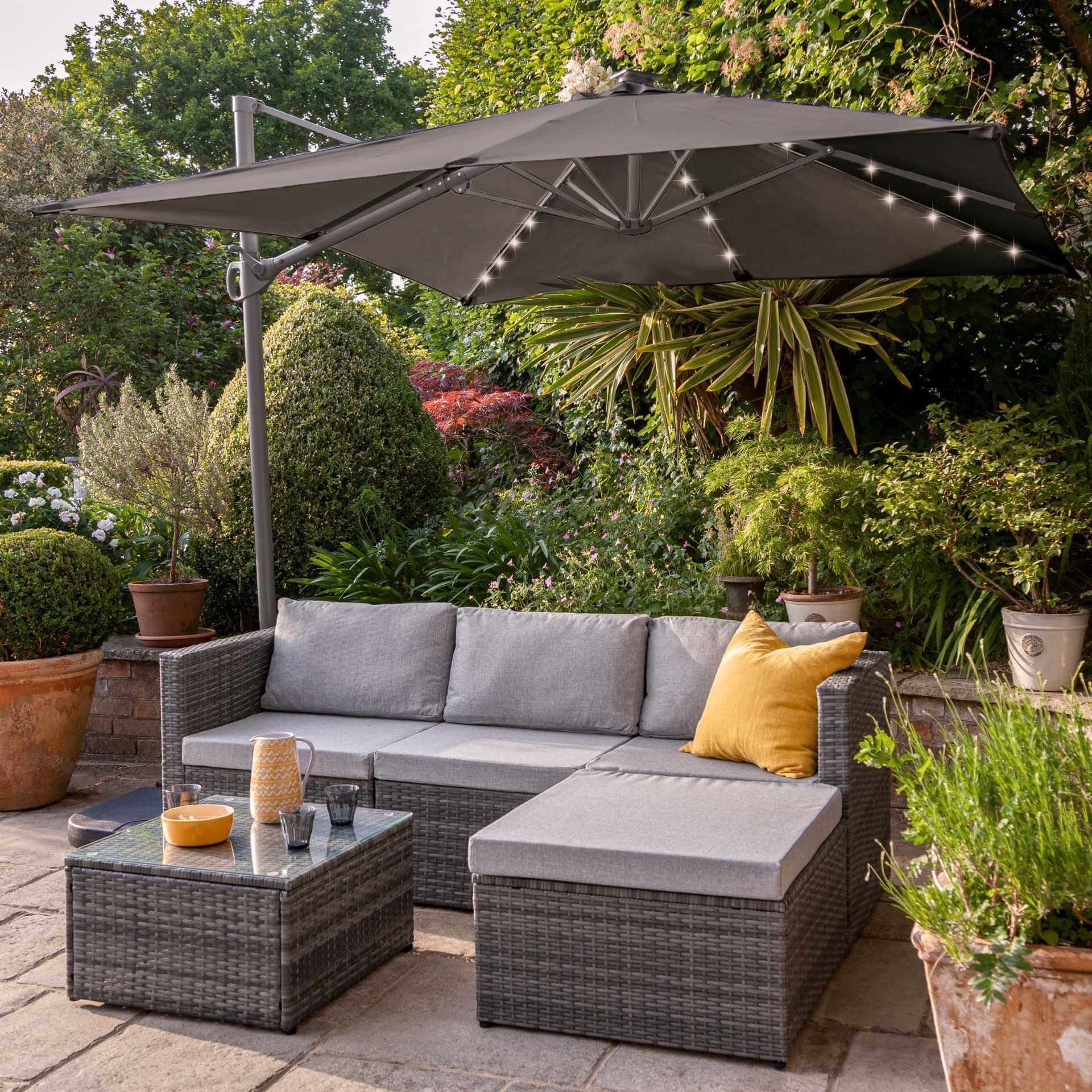 Weston 4 Seater Rattan Corner Sofa Set with LED Cantilever Parasol and Base - Grey Weave