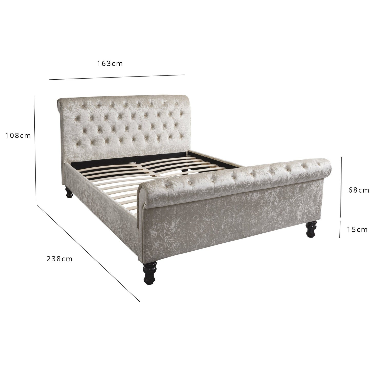 King Size Crushed Velvet Sleigh Bed Frame and Mattress Set - Champagne