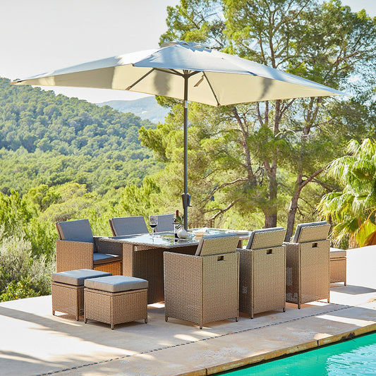 10 Seater Rattan Cube Outdoor Dining Set With Cream Parasol - Natural Brown Weave