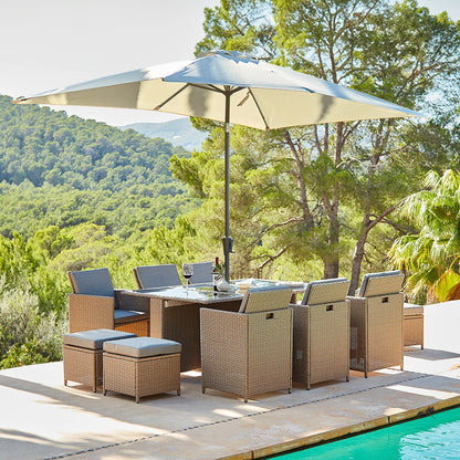 Cube 10 Seater Natural Rattan Garden Dining Set with Cream LED Premium Parasol - Laura James
