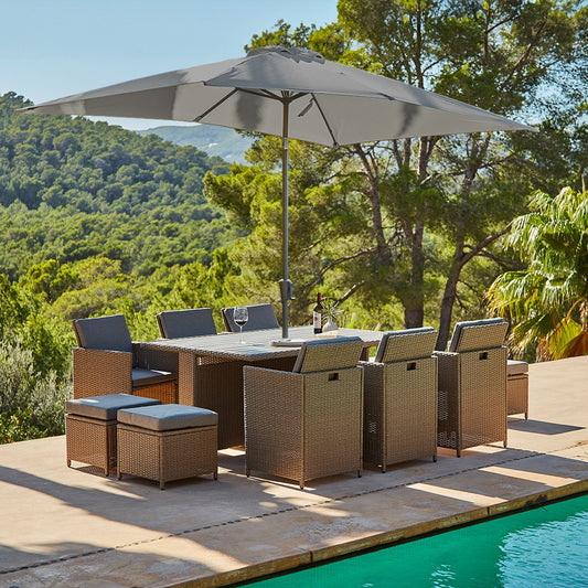 10 Seater Rattan Cube Outdoor Dining Set with Grey Parasol- Natural Brown Weave Polywood Top