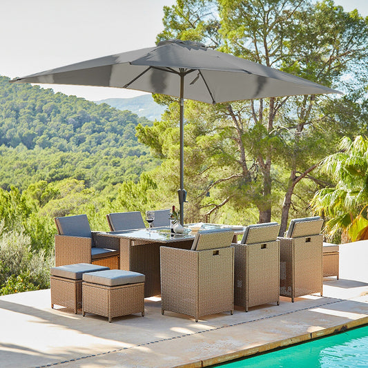 Cube 10 Seater Dining Set + Grey Rectangular Parasol - Natural Brown Weave Black Glass Top