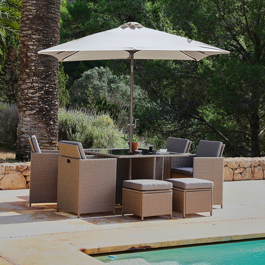 8 seater rattan cube outdoor dining set with cream LED premium parasol - Natural Brown- Black Glass Top - Laura James