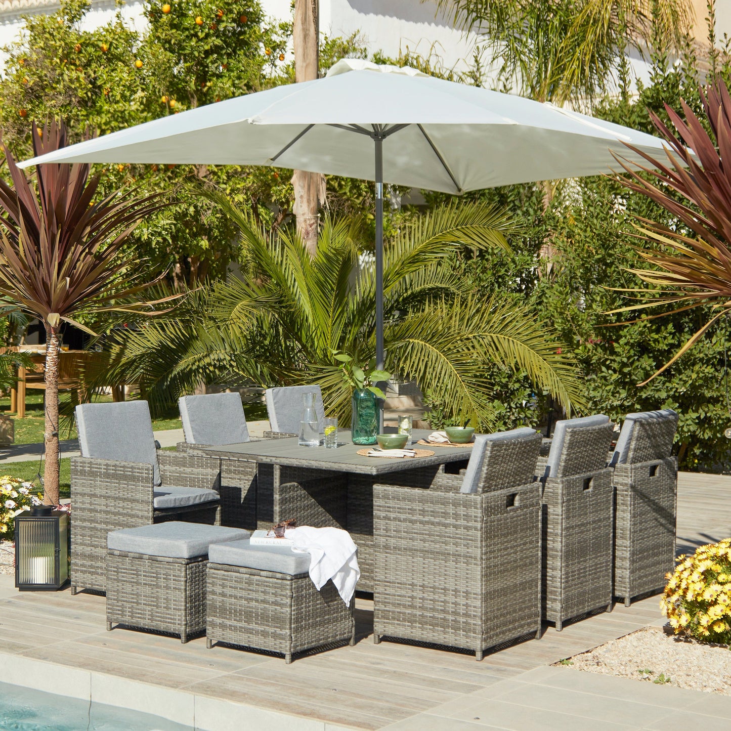 10 Seater Rattan Cube Outdoor Dining Set with Cream Parasol - Grey Weave Polywood Top