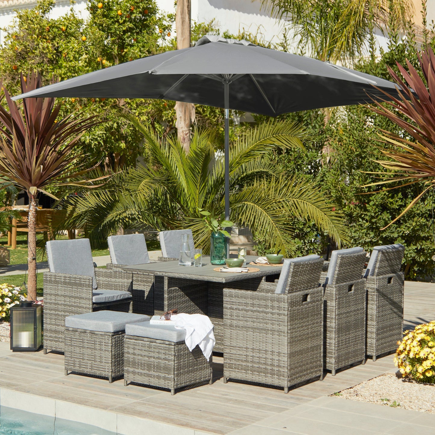 10 Seater Rattan Cube Outdoor Dining Set with Grey LED Premium Parasol - Grey Weave Polywood Top