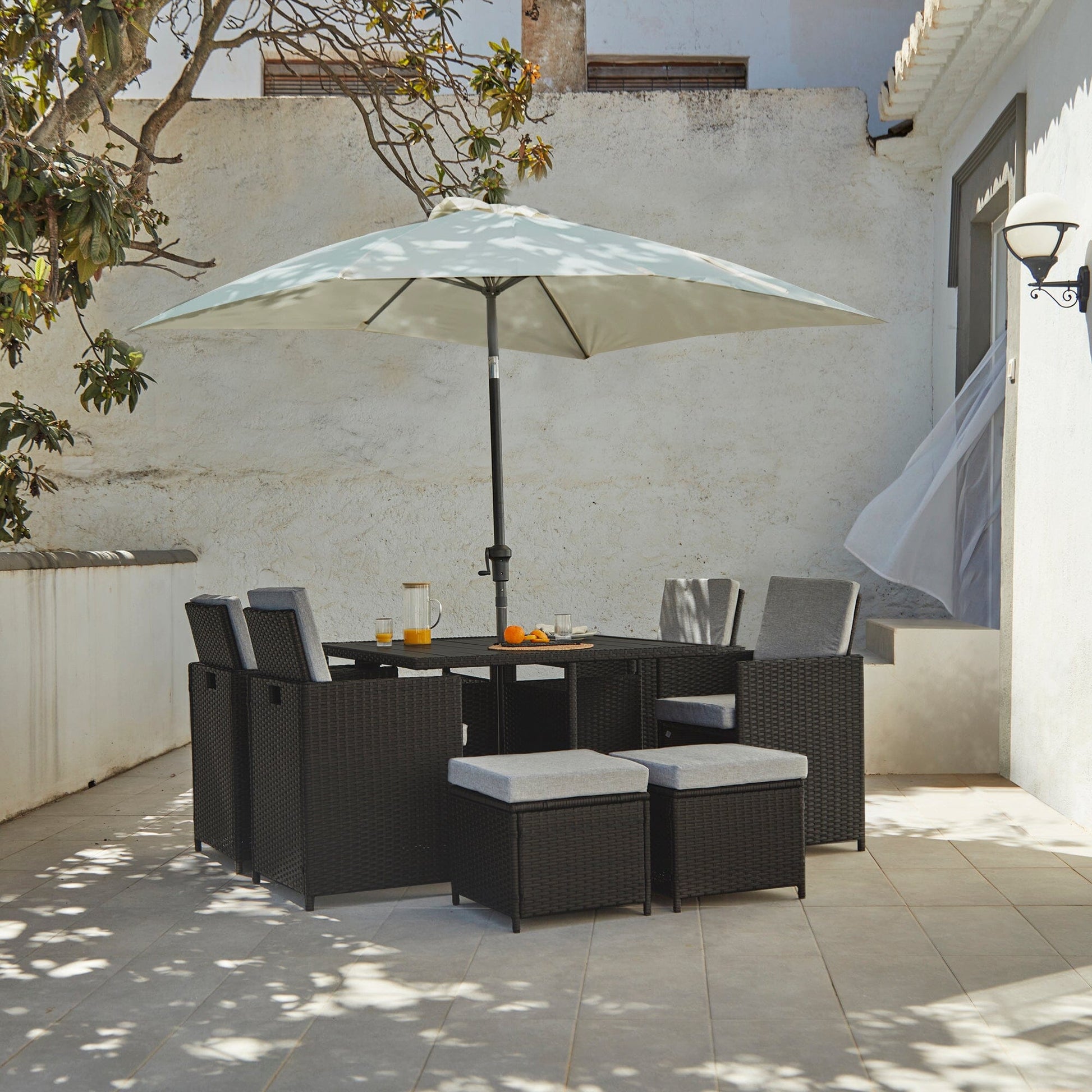 8 Seater Rattan Cube Outdoor Dining Set with Premium LED Cream Parasol - Black Weave Polywood Top - Laura James