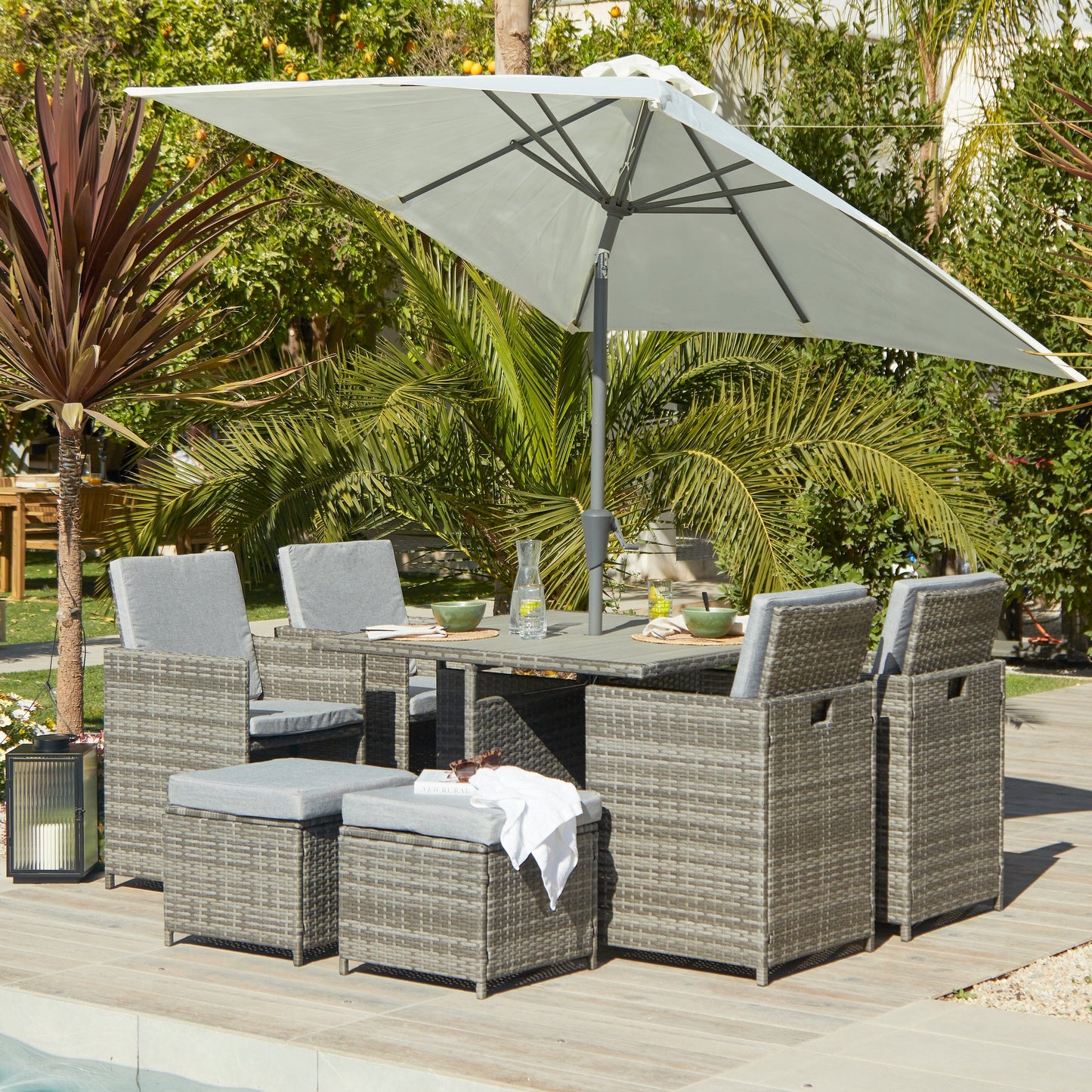 8 Seater Rattan Cube Outdoor Dining Set Premium LED Cream Parasol - Grey Weave Polywood Top