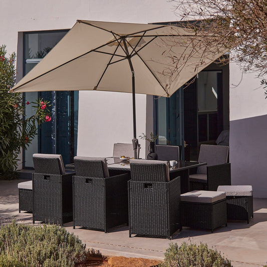 10 Seat Rattan Cube Outdoor Dining Set with LED Premium Parasol- Black Weave