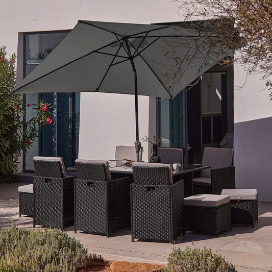10 Seater Rattan Cube Garden Dining Set with Parasol - Black Weave