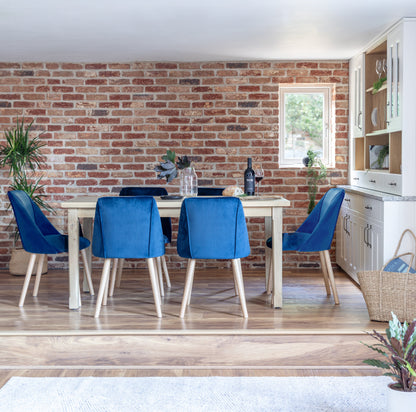 Ella Pale Oak Dining Table Set - 6 Seater - Freya Blue Dining Chairs With Oak Legs